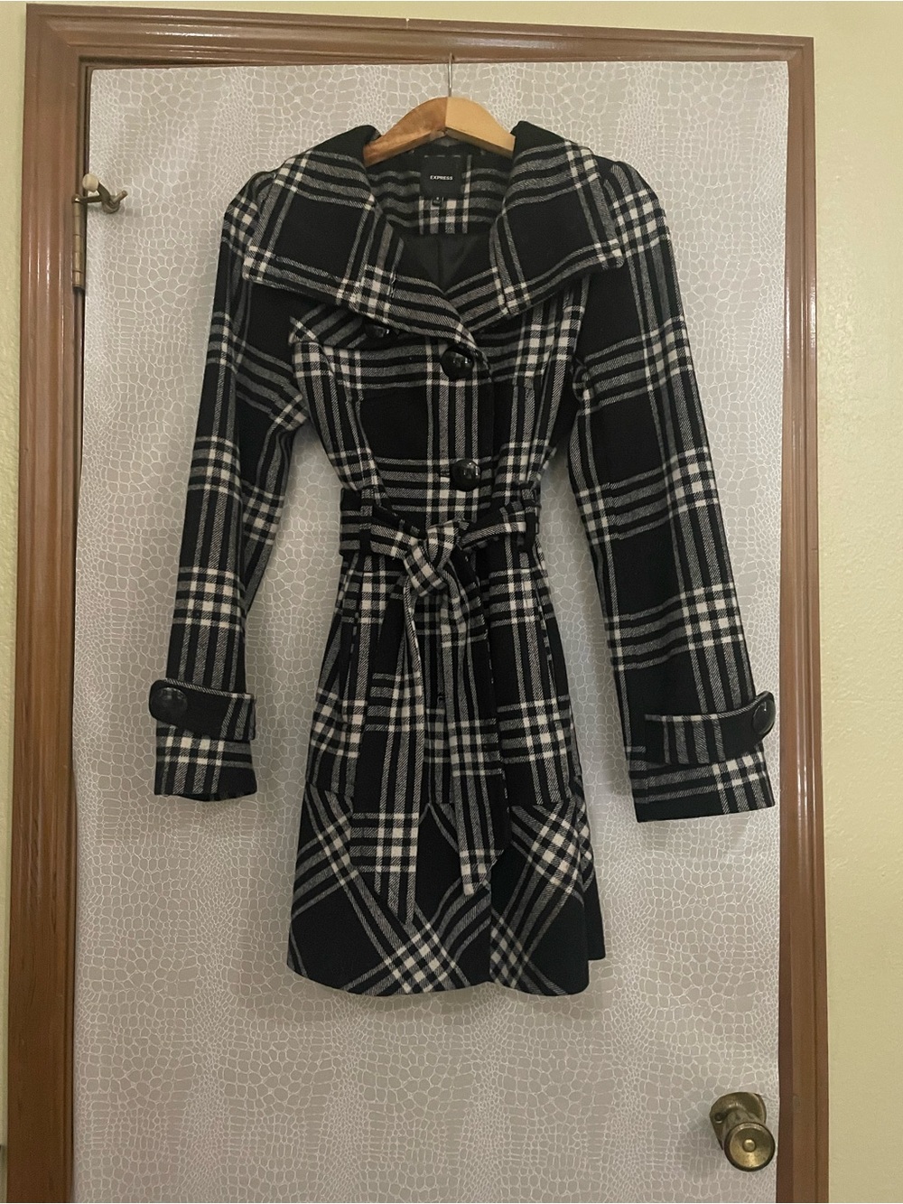 Express Black & White Plaid Belted Trench Coat